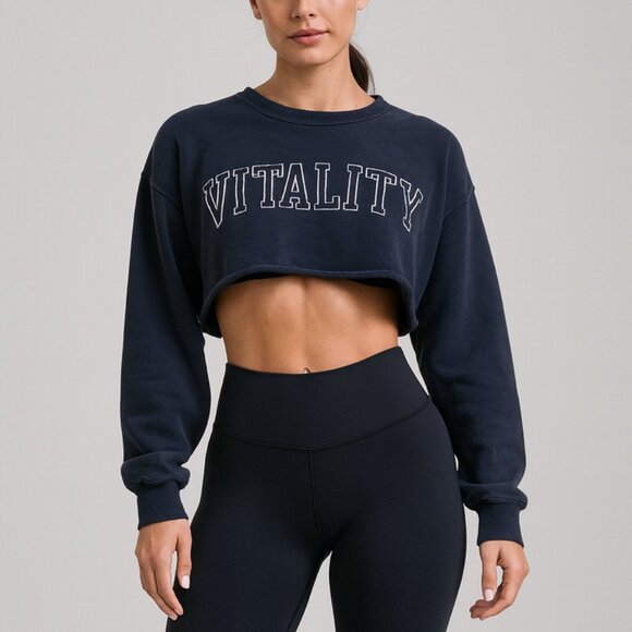 Vitality Tops - Vitality Cropped Logo‎ Pullover Sweater Activewear Washed Black Size XS